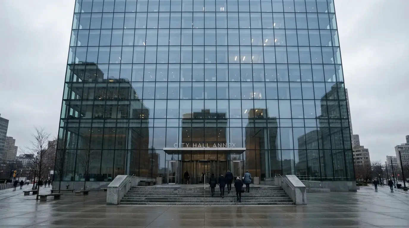 Üvegfalú közigazgatási épület bejárata, a lépcsőkön emberek, felhős égbolt, hűvös fények.