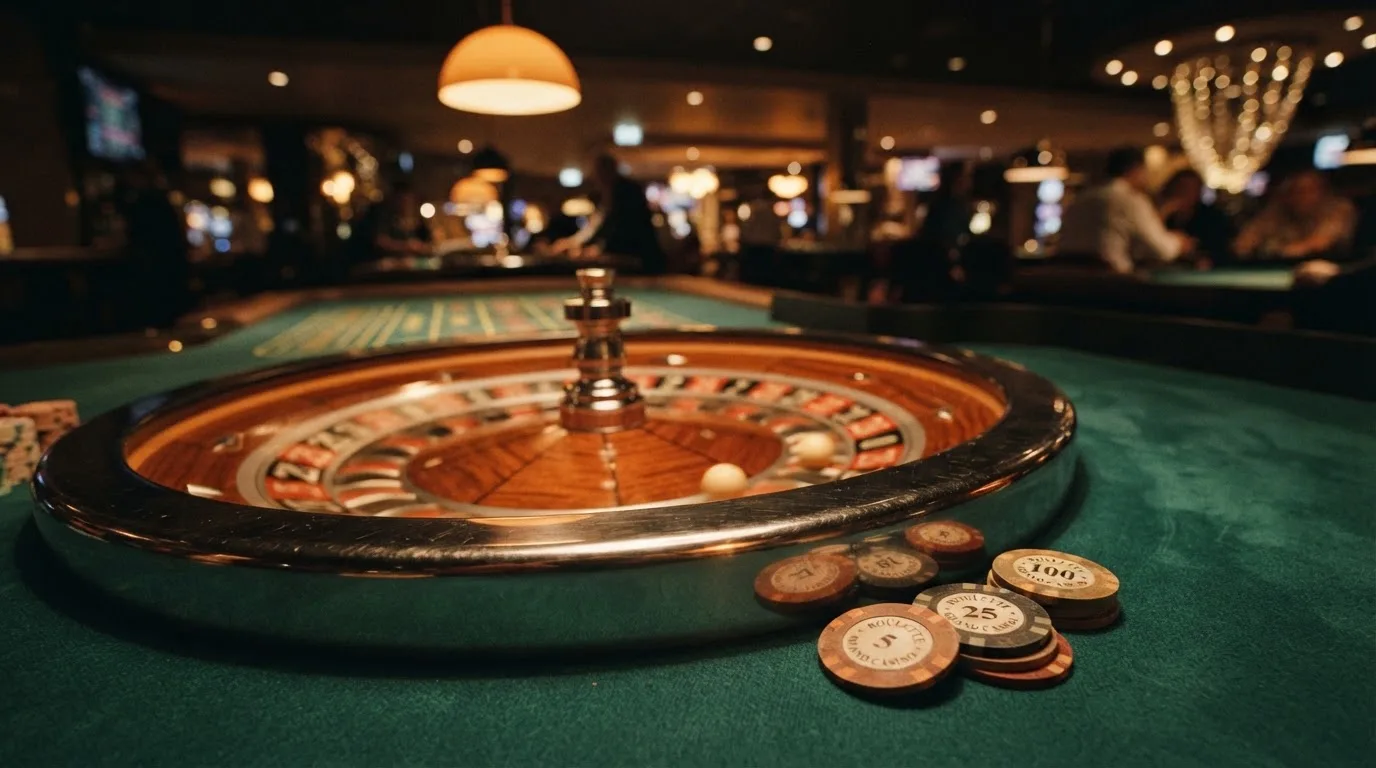 Rulettkerék és zsetonok zöld posztón, meleg esti fényben — blackjack szabályok magyaroknak