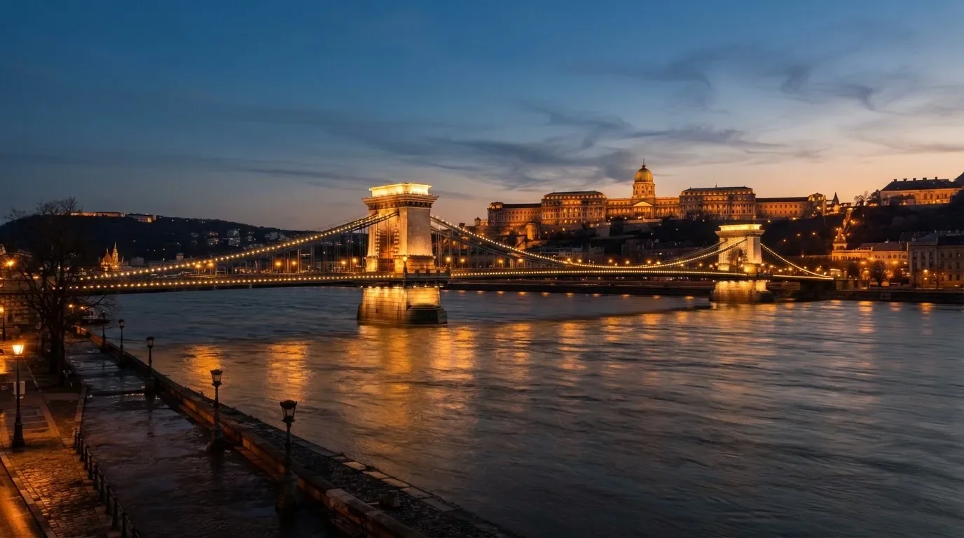 A budapesti Lánchíd esti fényekben a Duna fölött, a háttérben a budai Vár, forgalom nélküli rakpart.