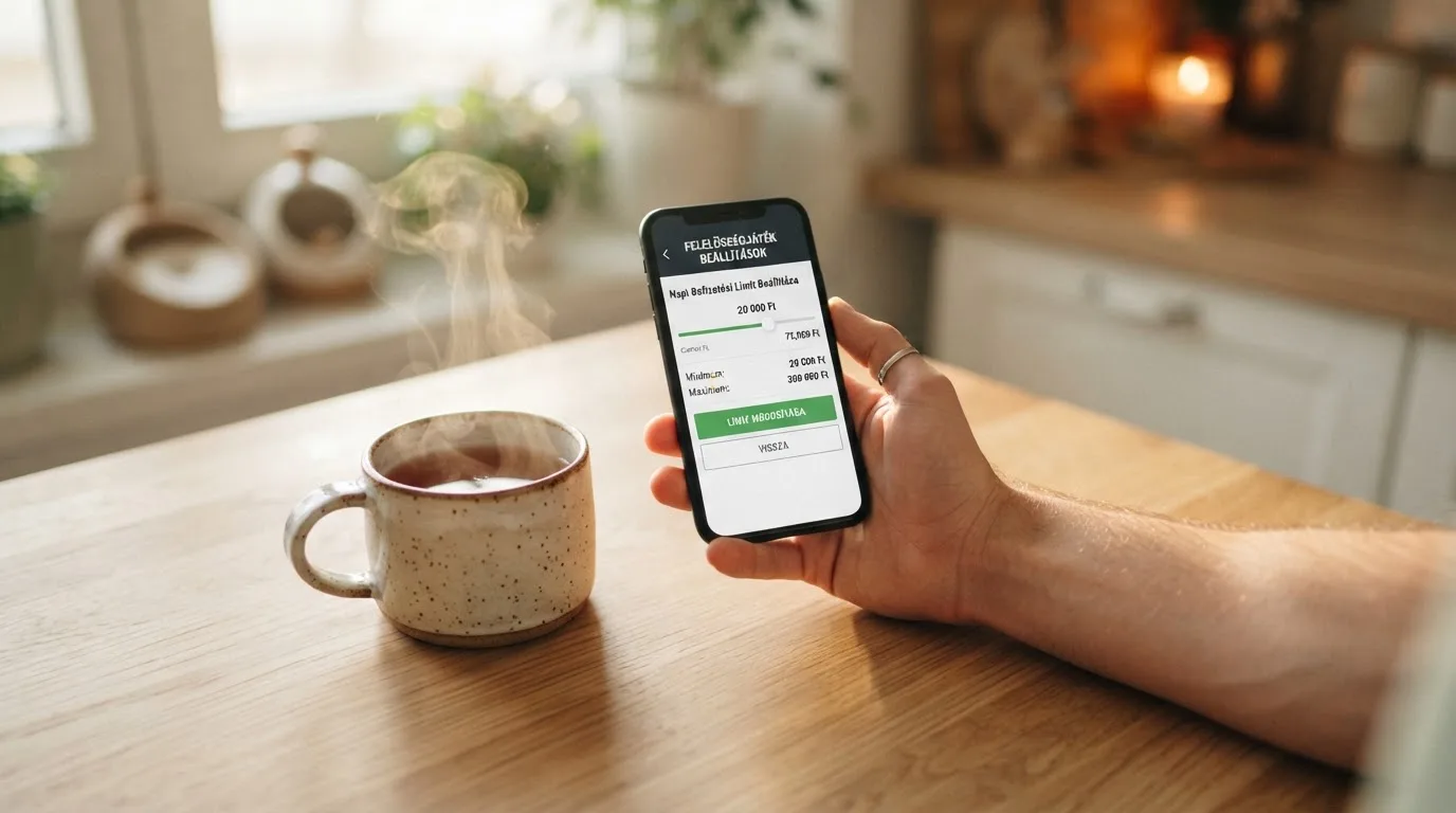 Kéz tart egy mobiltelefont egy csésze tea mellett a konyhaasztalon egy nyugodt estén — kaszinó szerencsejáték magyarországon