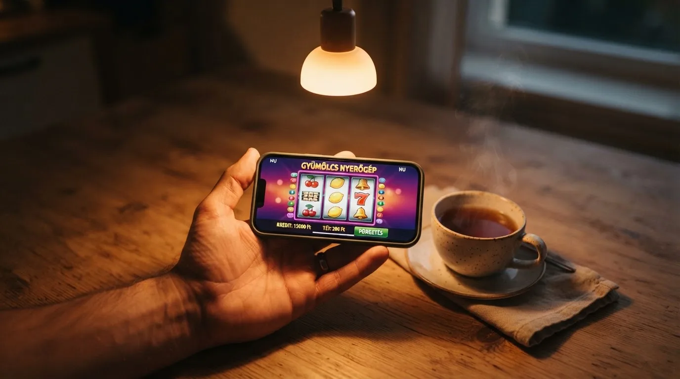 Kéz tart egy mobiltelefont egy csésze tea mellett a konyhaasztalon egy nyugodt estén — külföldi magyar kaszinók