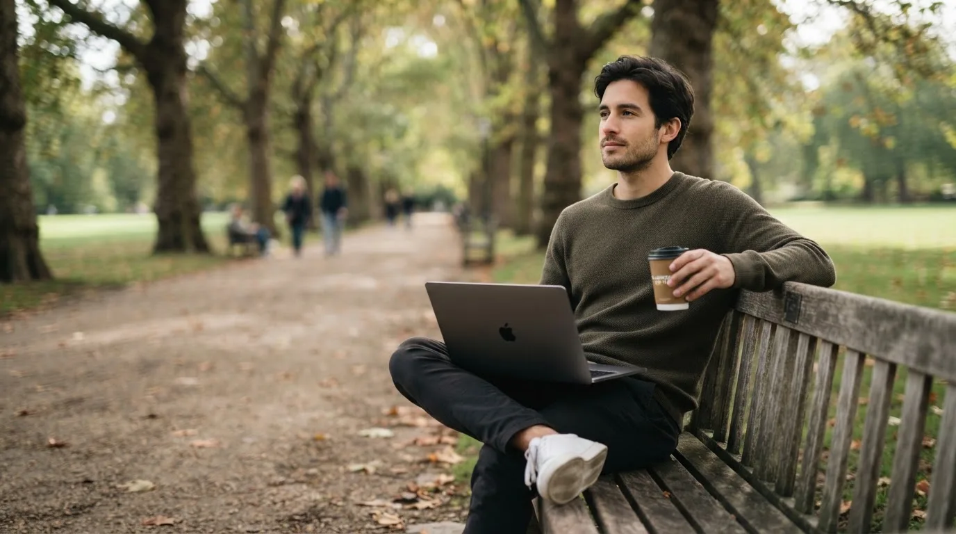 Fiatal férfi parkpadon ül, kezében összecsukott laptop és kávé, nyugodtan szünetet tart, a háttérben fák.