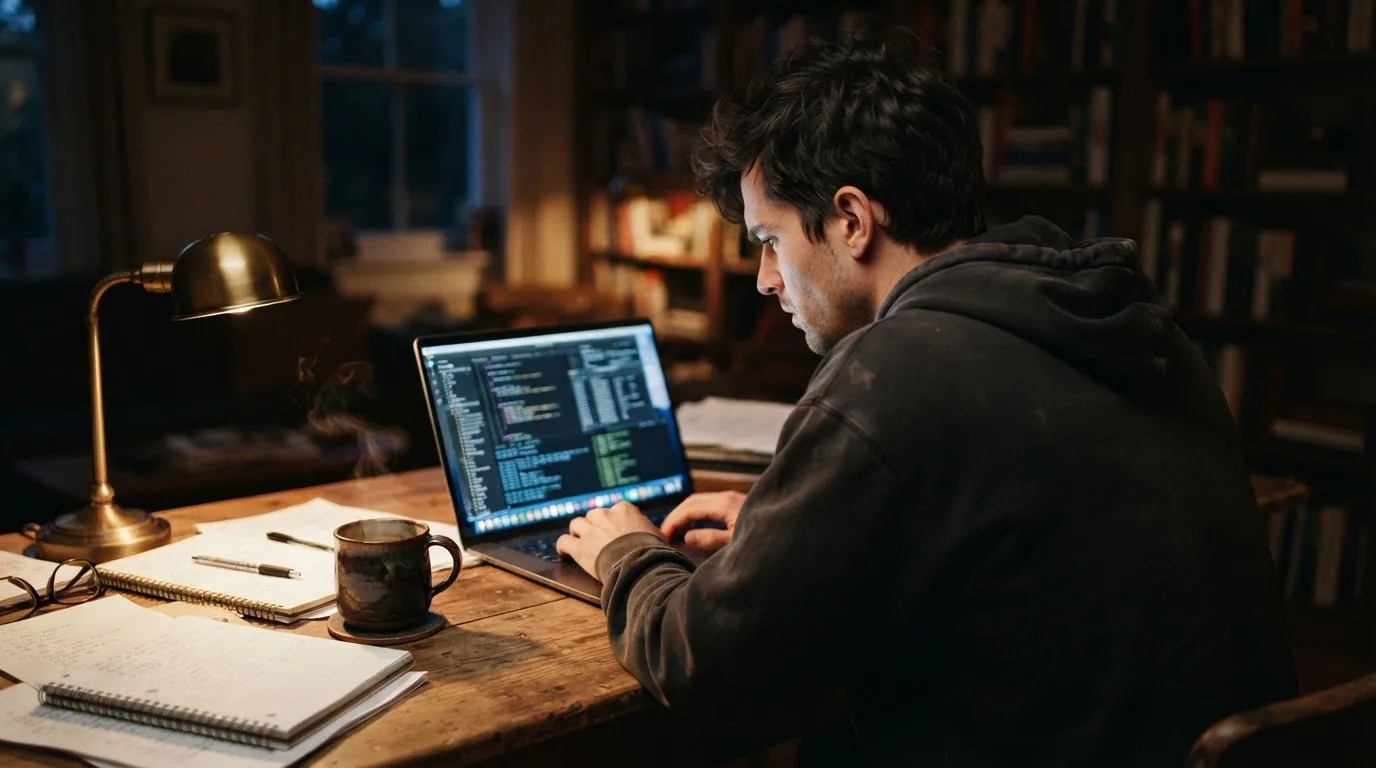 Fiatal férfi laptop előtt ül egy esti szobában, a kijelző nem látszik, kávéscsésze az asztalon, koncentrált arc.