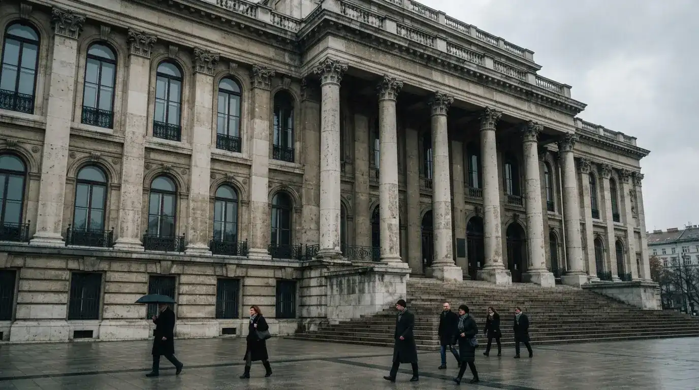 Szigorú, kőoszlopos állami épület és előtte sétáló emberek Budapesten egy borongós délelőttön, felirat és címer nélkül.