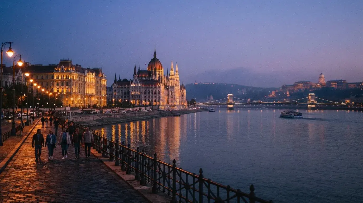 Budapesti belváros esti látképe a Duna-parttal és a Parlament sziluettjével, járókelők a rakparton, megvilágított hivatali épületek.